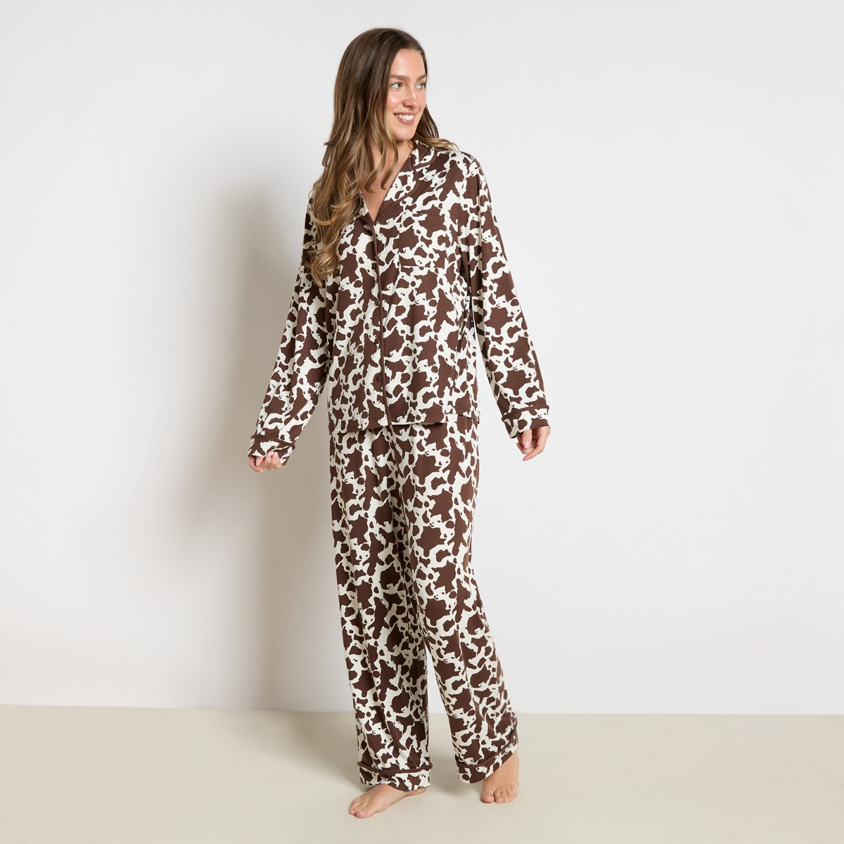 OHS Cow Print Piped Jersey Pyjama Set - Cream/Brown>