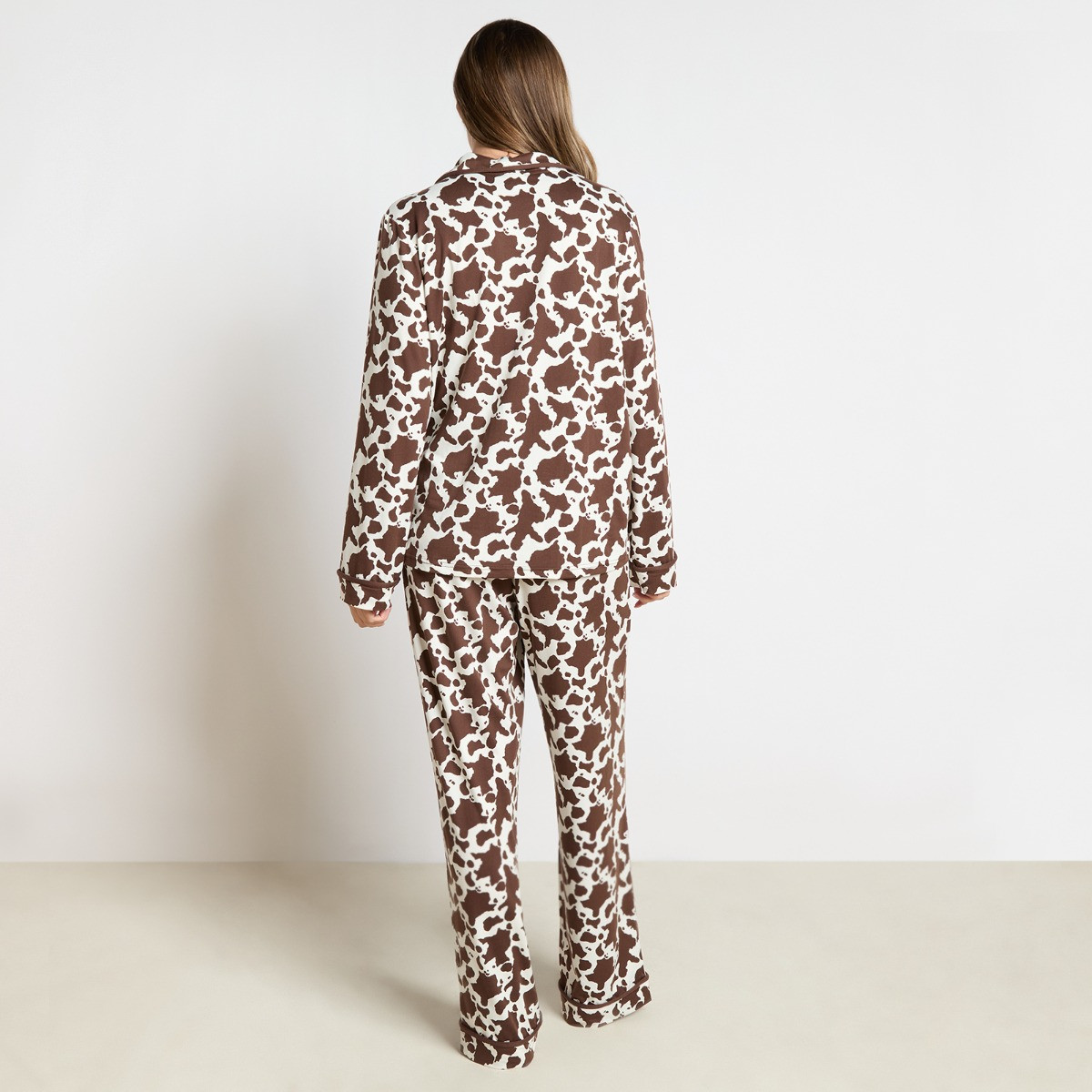 OHS Cow Print Piped Jersey Pyjama Set - Cream/Brown>