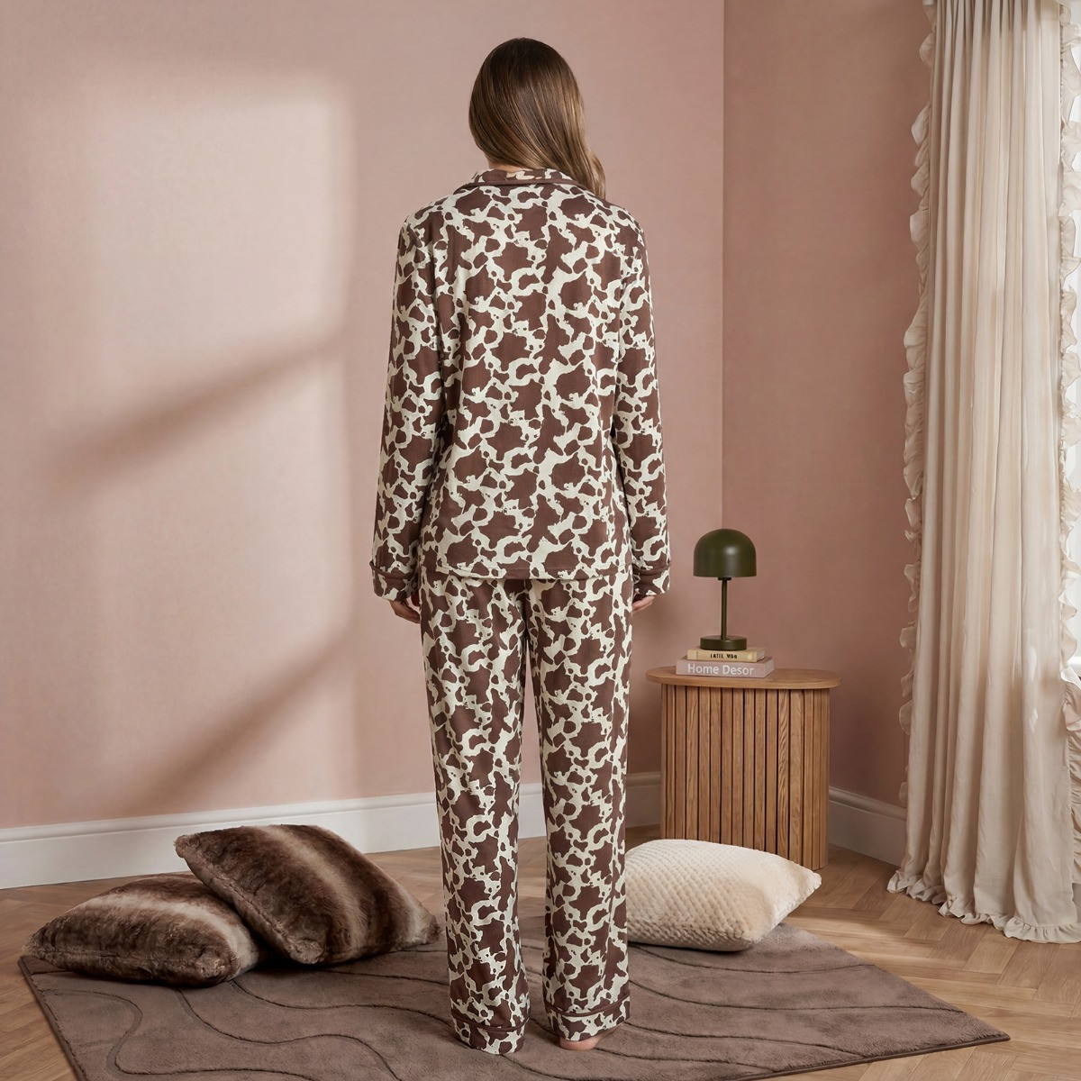 OHS Cow Print Piped Jersey Pyjama Set - Cream/Brown>