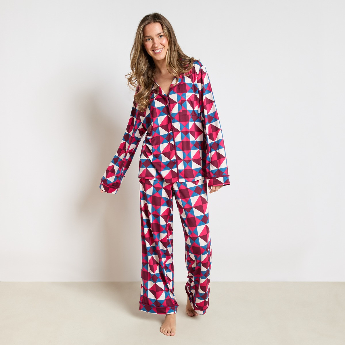 OHS Geometric Print Piped Jersey Pyjama Set - Teal/Pink>