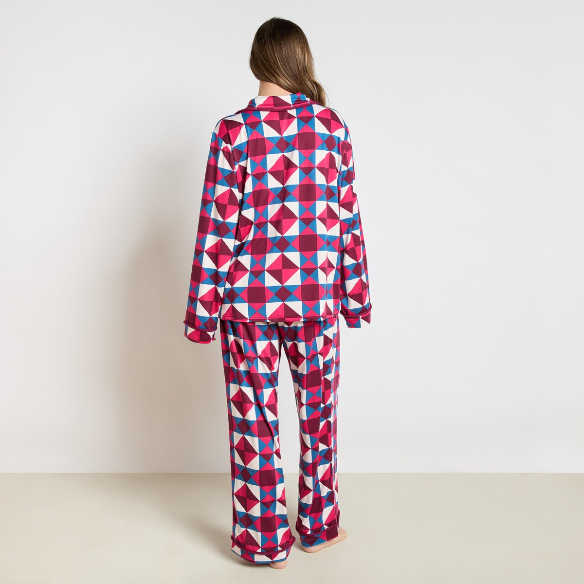 OHS Geometric Print Piped Jersey Pyjama Set - Teal/Pink>