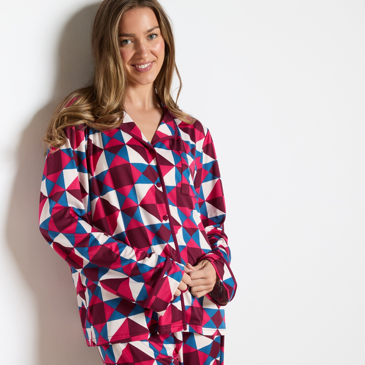 OHS Geometric Print Piped Jersey Pyjama Set - Teal/Pink>