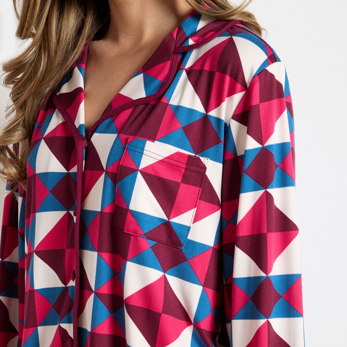 OHS Geometric Print Piped Jersey Pyjama Set - Teal/Pink>