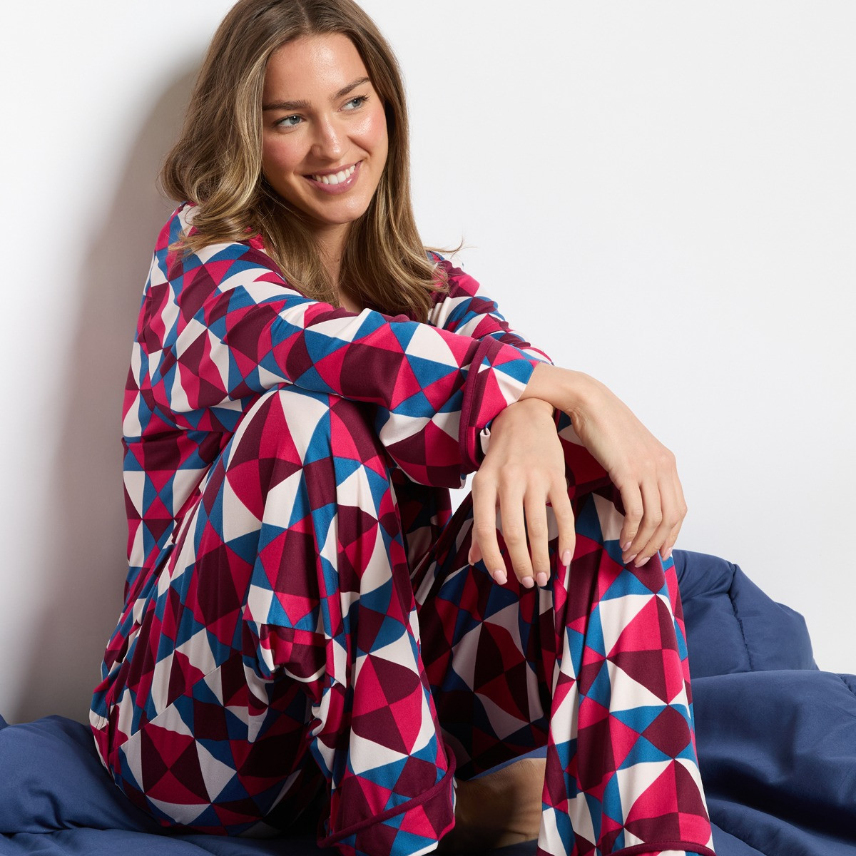 OHS Geometric Print Piped Jersey Pyjama Set - Teal/Pink>