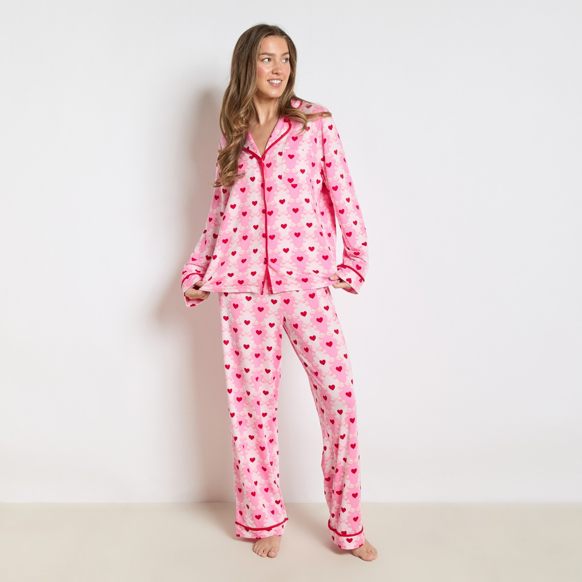 OHS Lattice Bow Print Piped Jersey Pyjama Set - Pink>