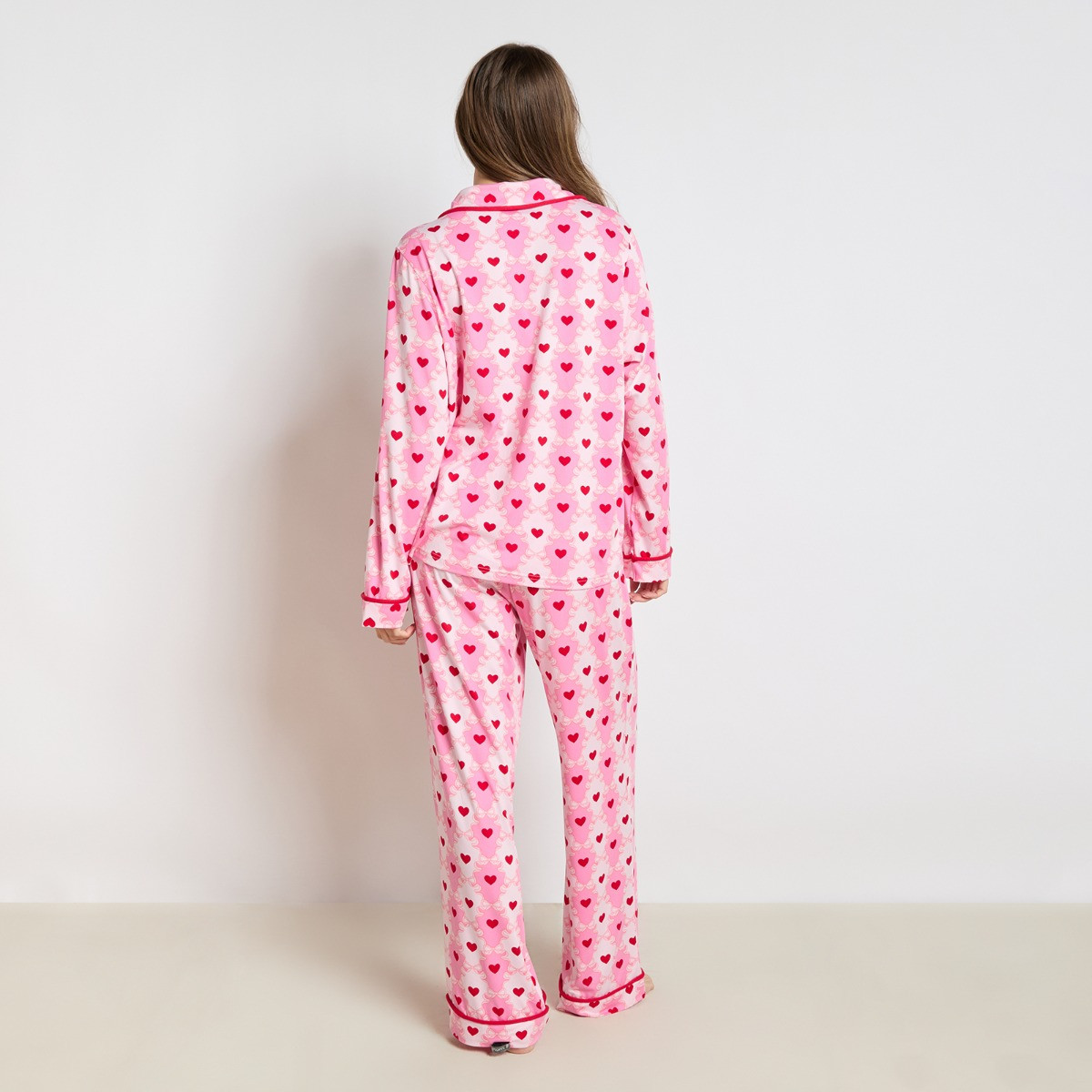 OHS Lattice Bow Print Piped Jersey Pyjama Set - Pink>