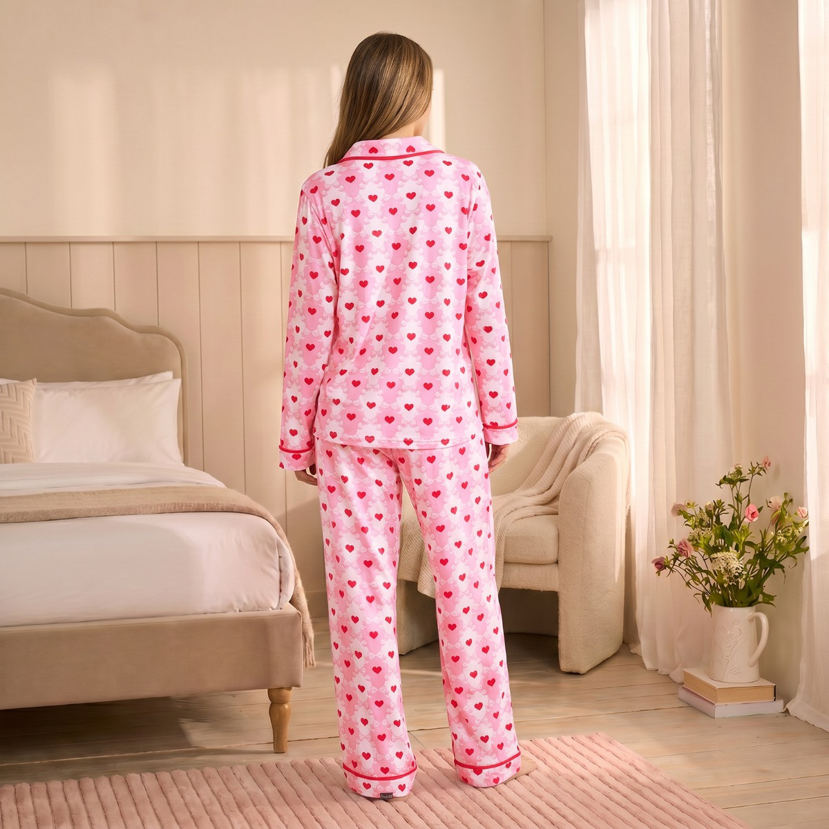OHS Lattice Bow & Heart Print Piped Jersey Pyjama Set, Pink - Small/Medium>