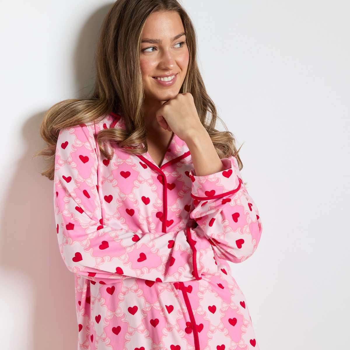 OHS Lattice Bow Print Piped Jersey Pyjama Set - Pink>