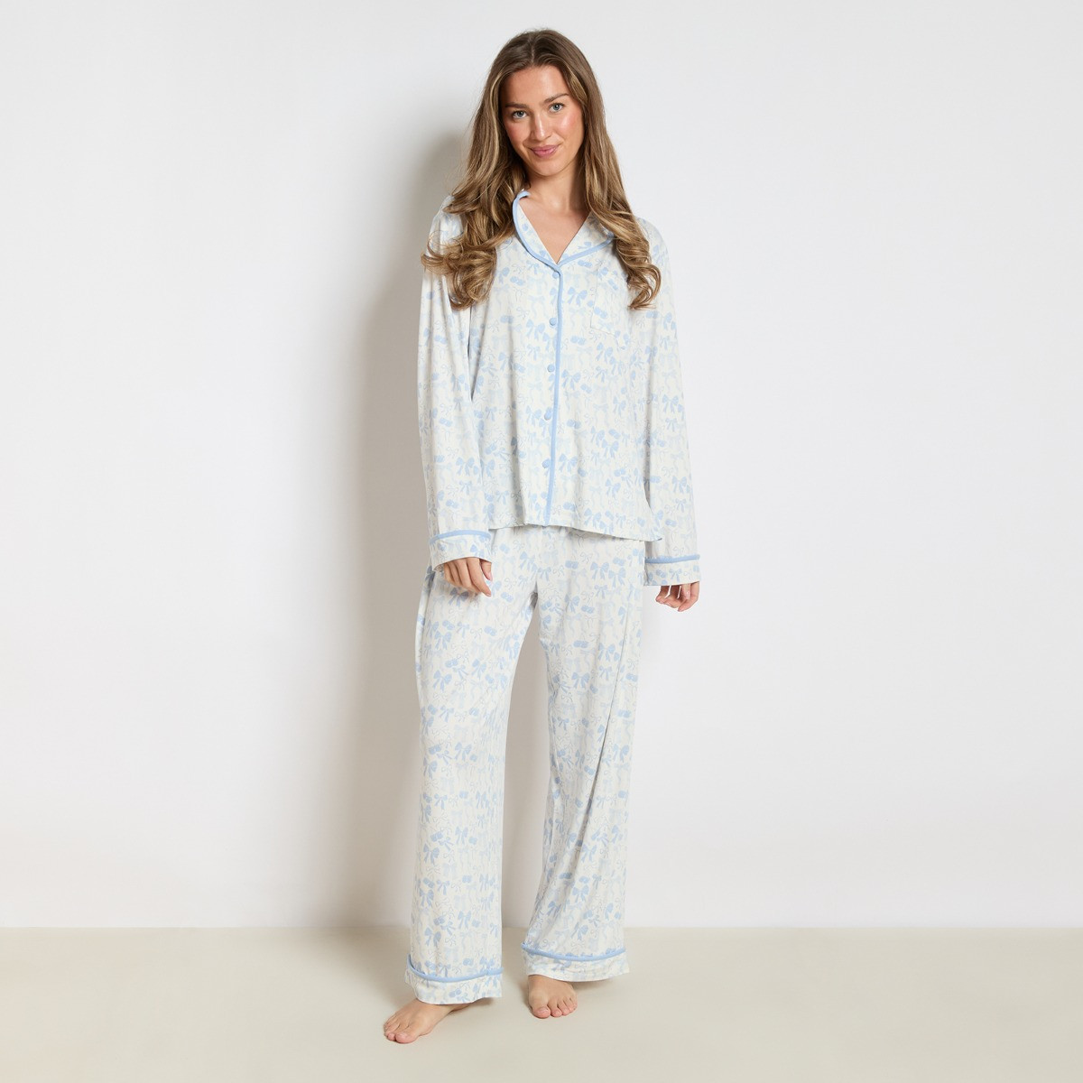 OHS Cherry Bow Print Piped Jersey Pyjama Set - Blue/White>