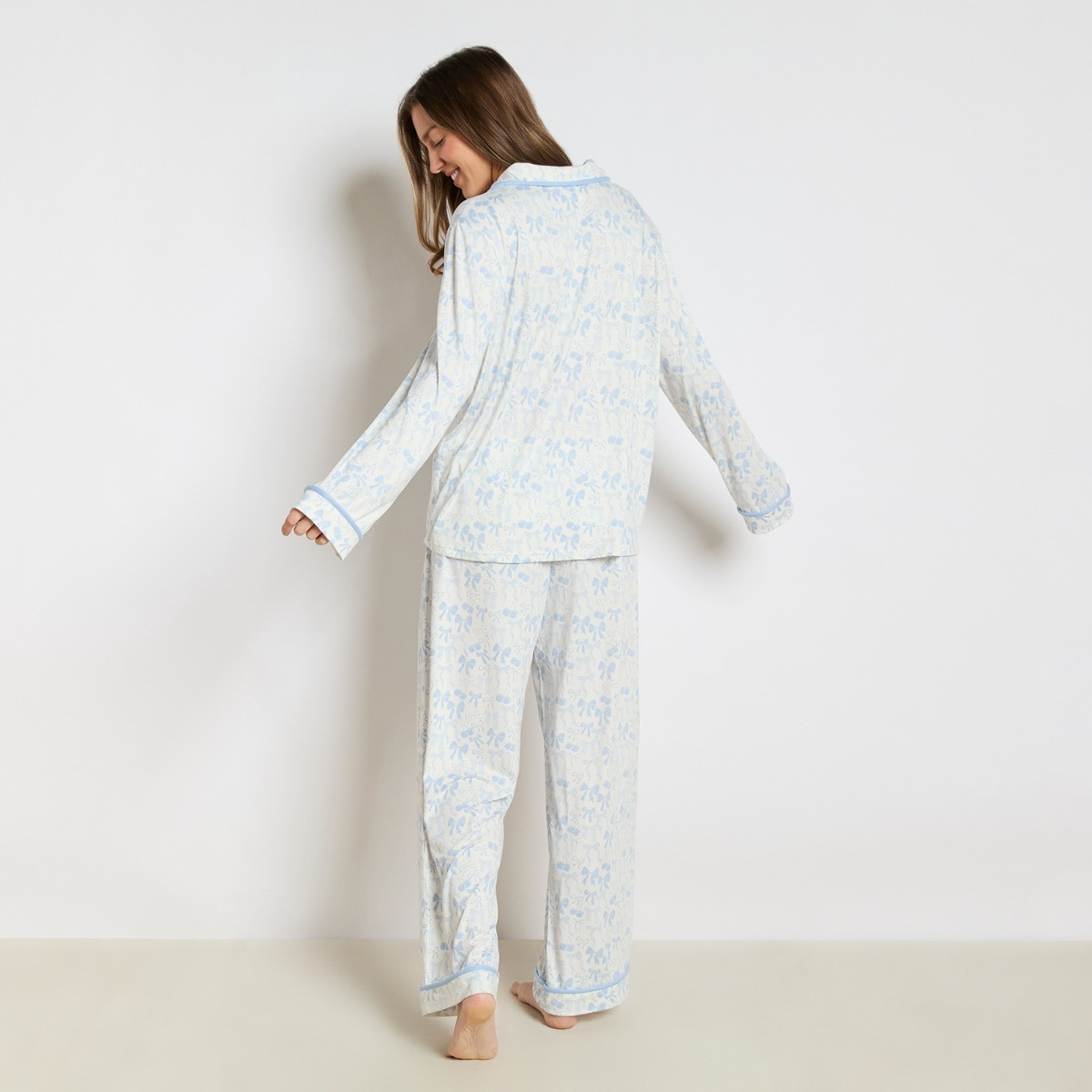 OHS Cherry Bow Print Piped Jersey Pyjama Set - Blue/White>