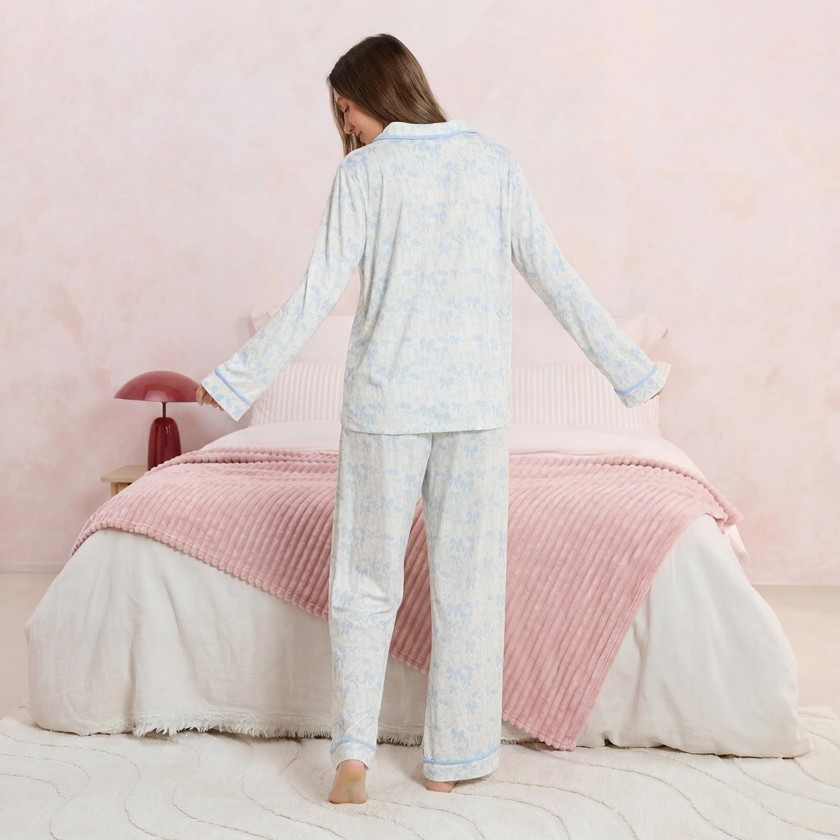 OHS Cherry Bow Print Piped Jersey Pyjama Set, Blue/White - Small/Medium>