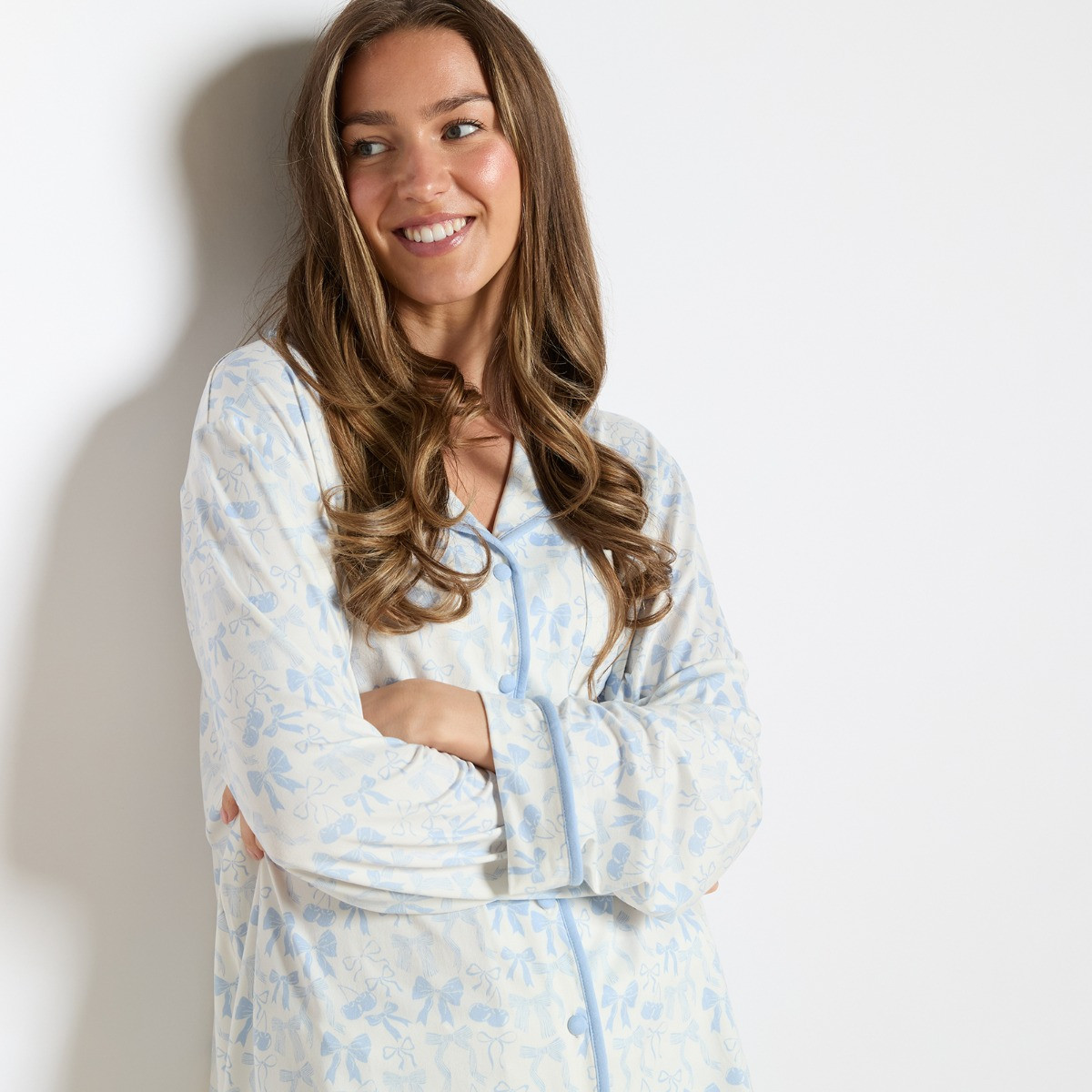 OHS Cherry Bow Print Piped Jersey Pyjama Set - Blue/White>