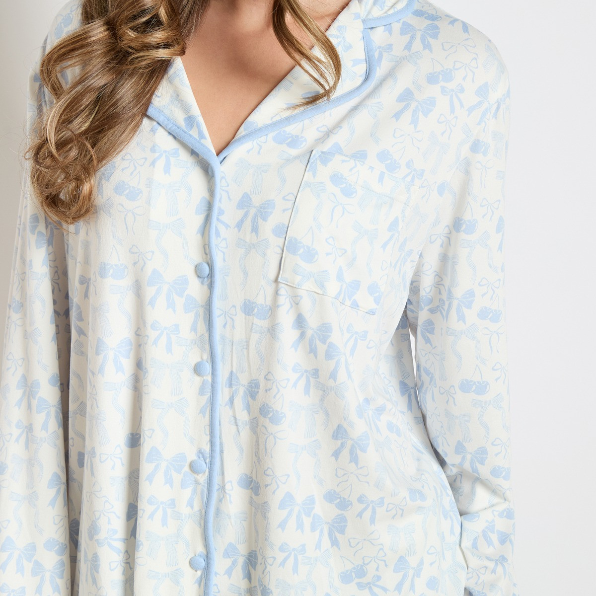 OHS Cherry Bow Print Piped Jersey Pyjama Set - Blue/White>