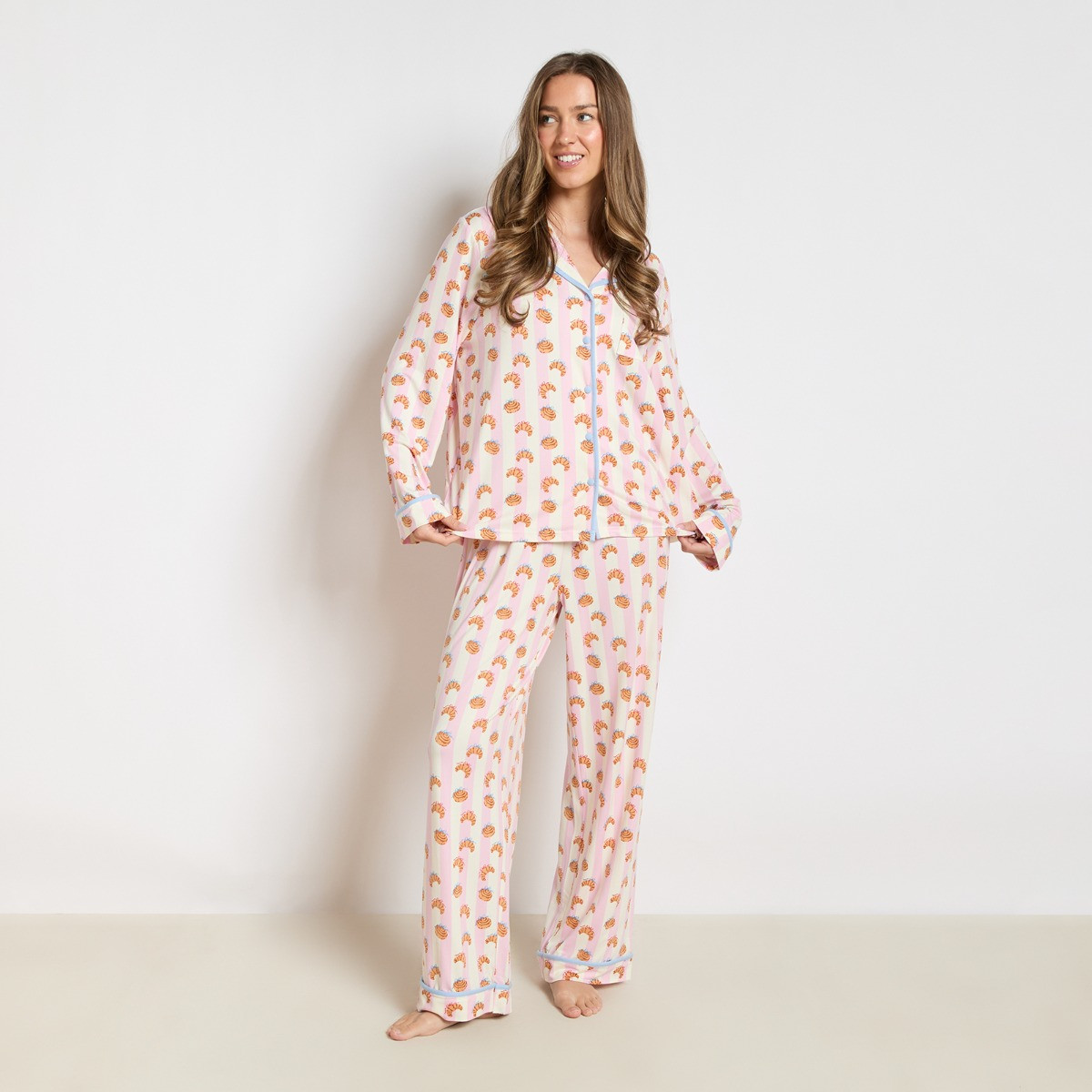OHS Croissant Print Piped Jersey Pyjama Set - Pink/White>