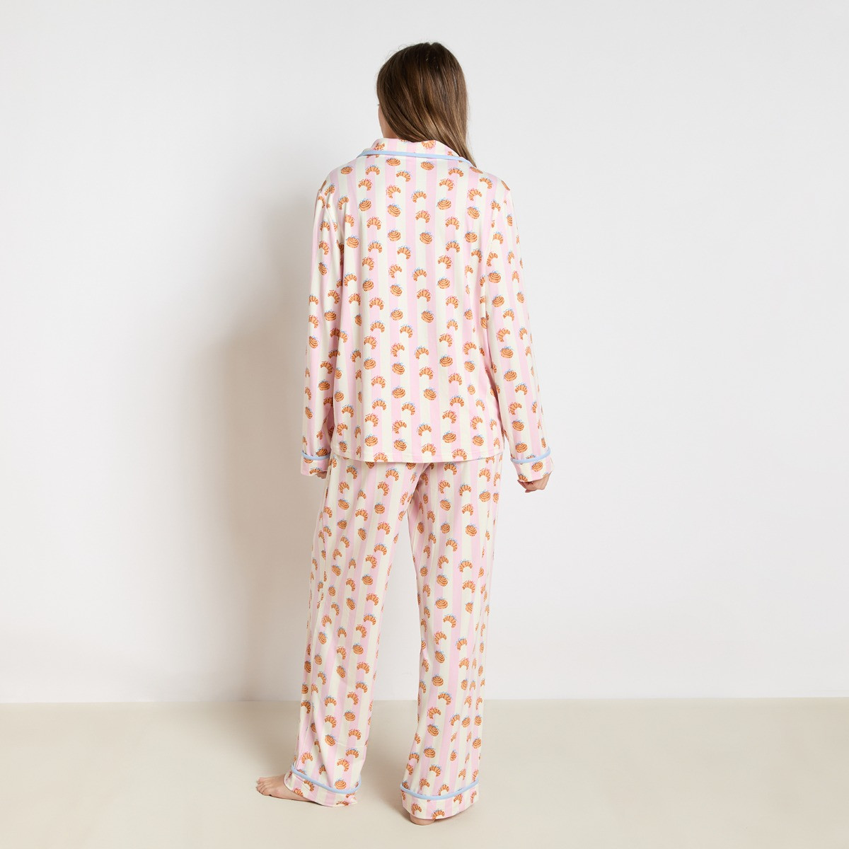OHS Croissant Print Piped Jersey Pyjama Set - Pink/White>