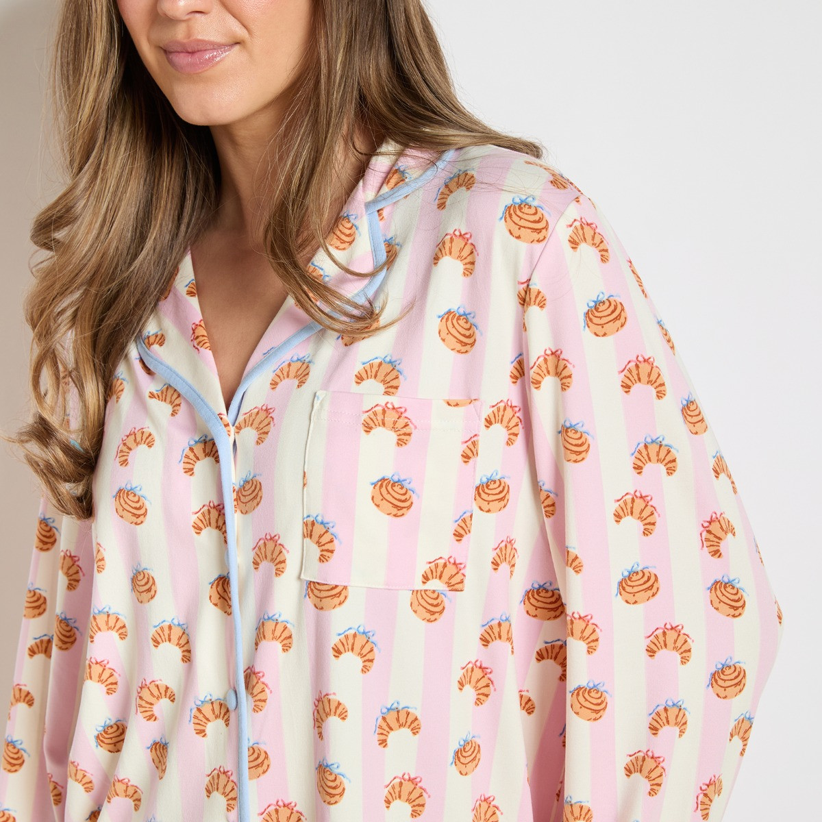 OHS Croissant Print Piped Jersey Pyjama Set - Pink/White>