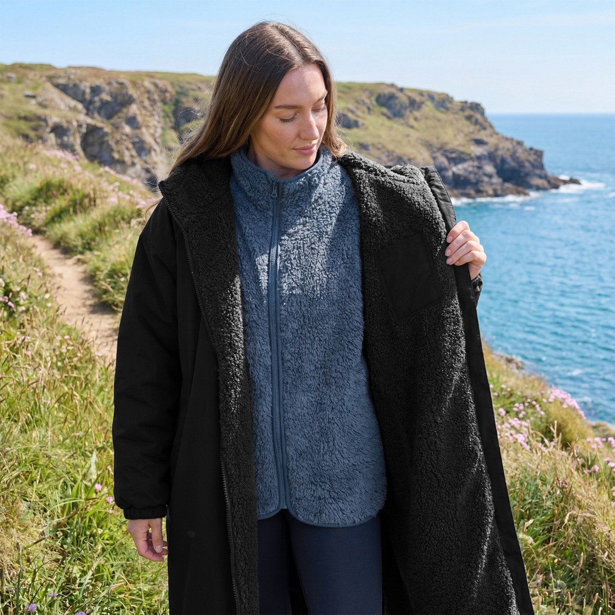 OHS Adults Water Resistant Sherpa Drying Robe - Black>