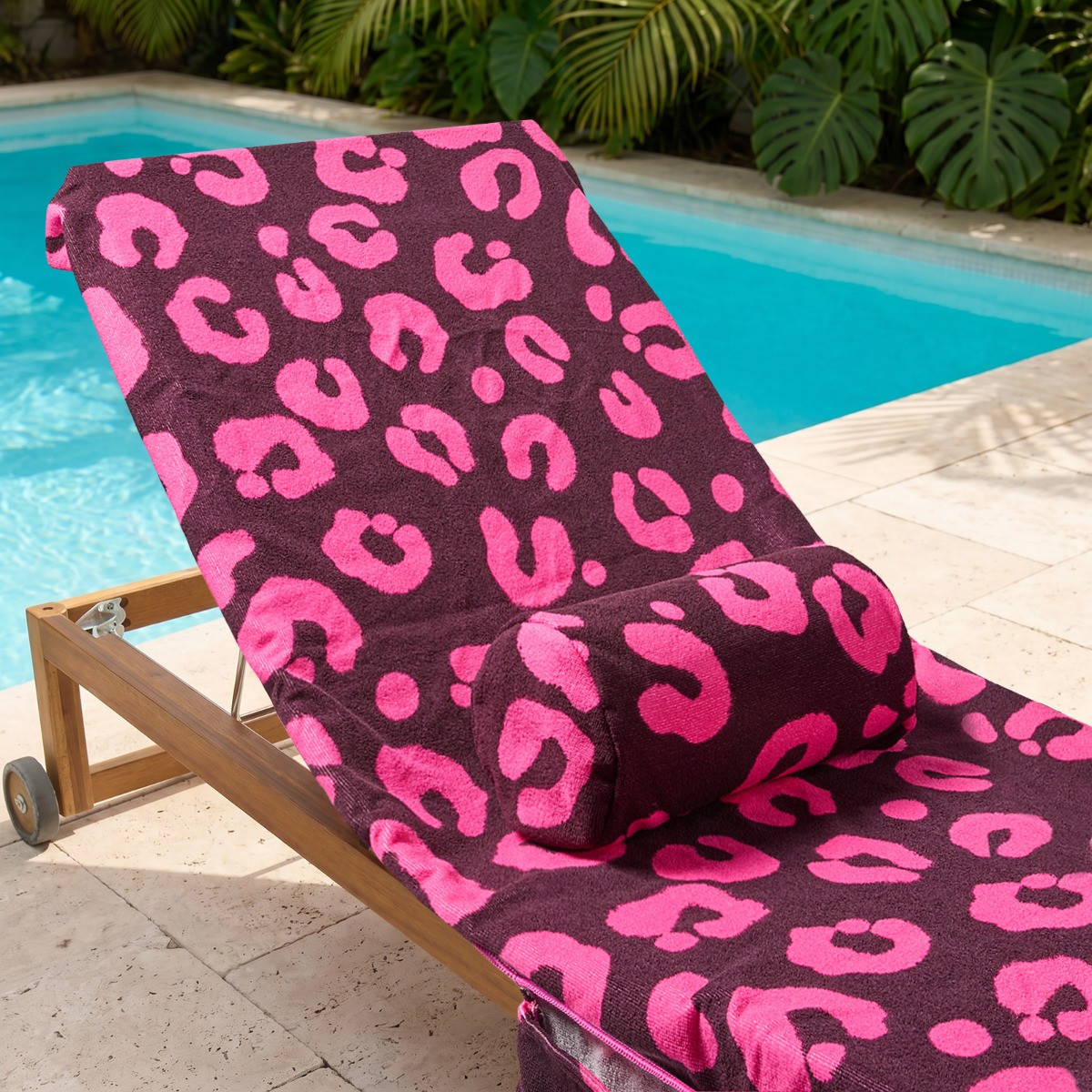 OHS Abstract Leopard Print Inflatable Beach Bolster - Burgundy/Hot Pink>