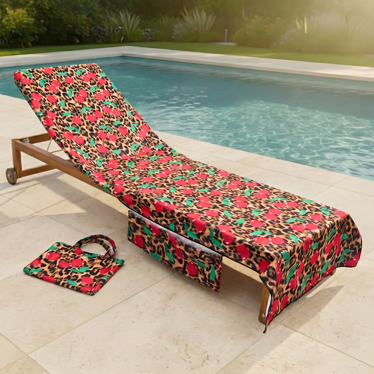 OHS Cherry Leopard Print Beach Towel in a Bag - Natural>