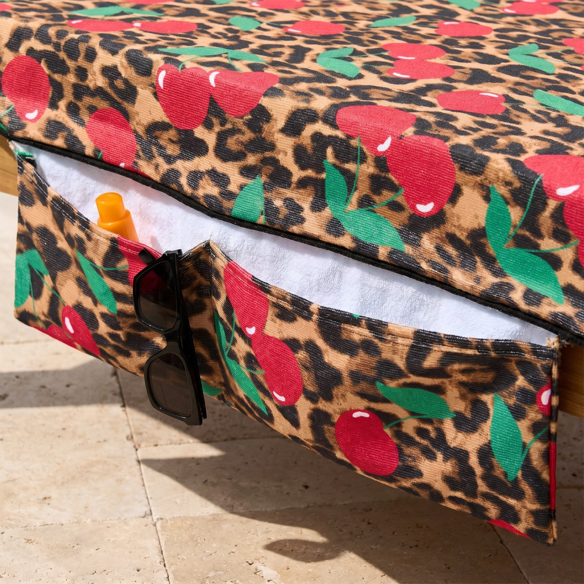 OHS Cherry Leopard Print Beach Towel in a Bag - Natural>