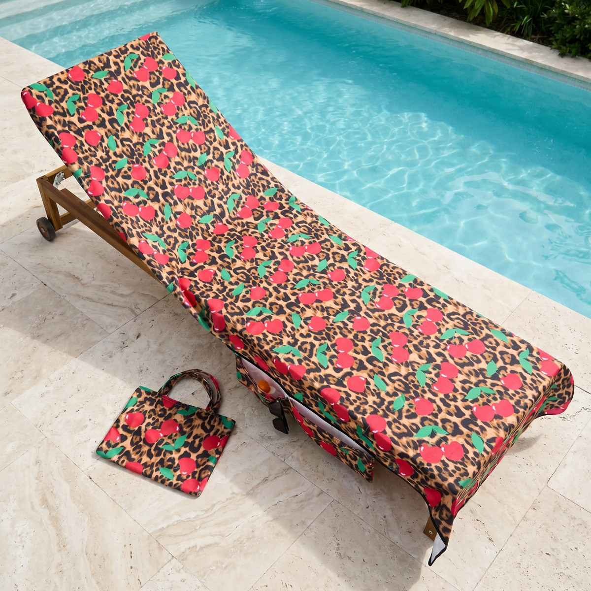 OHS Cherry Leopard Print Beach Towel in a Bag - Natural>