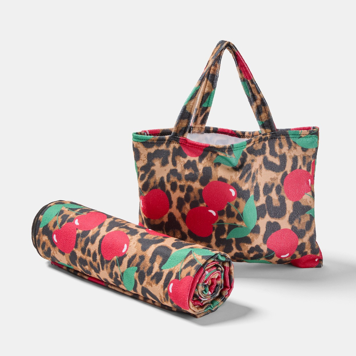 OHS Cherry Leopard Print Beach Towel in a Bag - Natural>