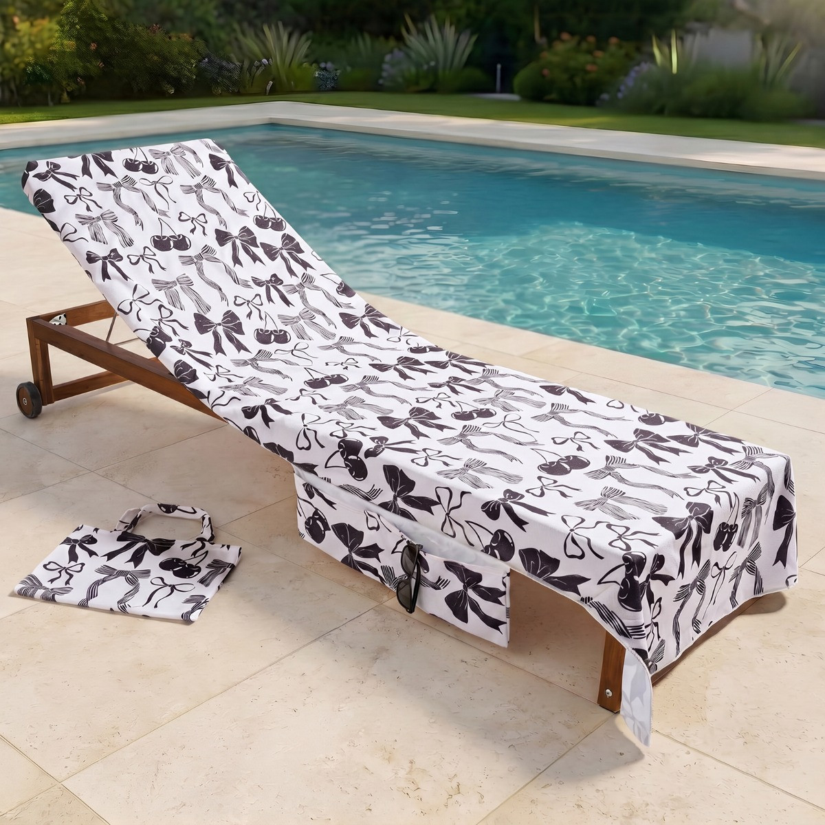 OHS Cherry Bow Print Beach Towel in a Bag - Monochrome>