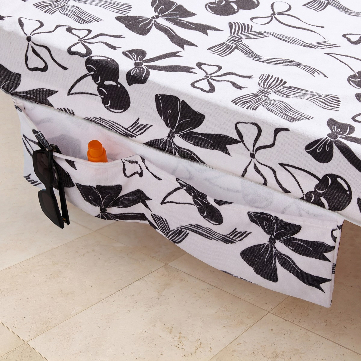OHS Cherry Bow Print Beach Towel in a Bag - Monochrome>