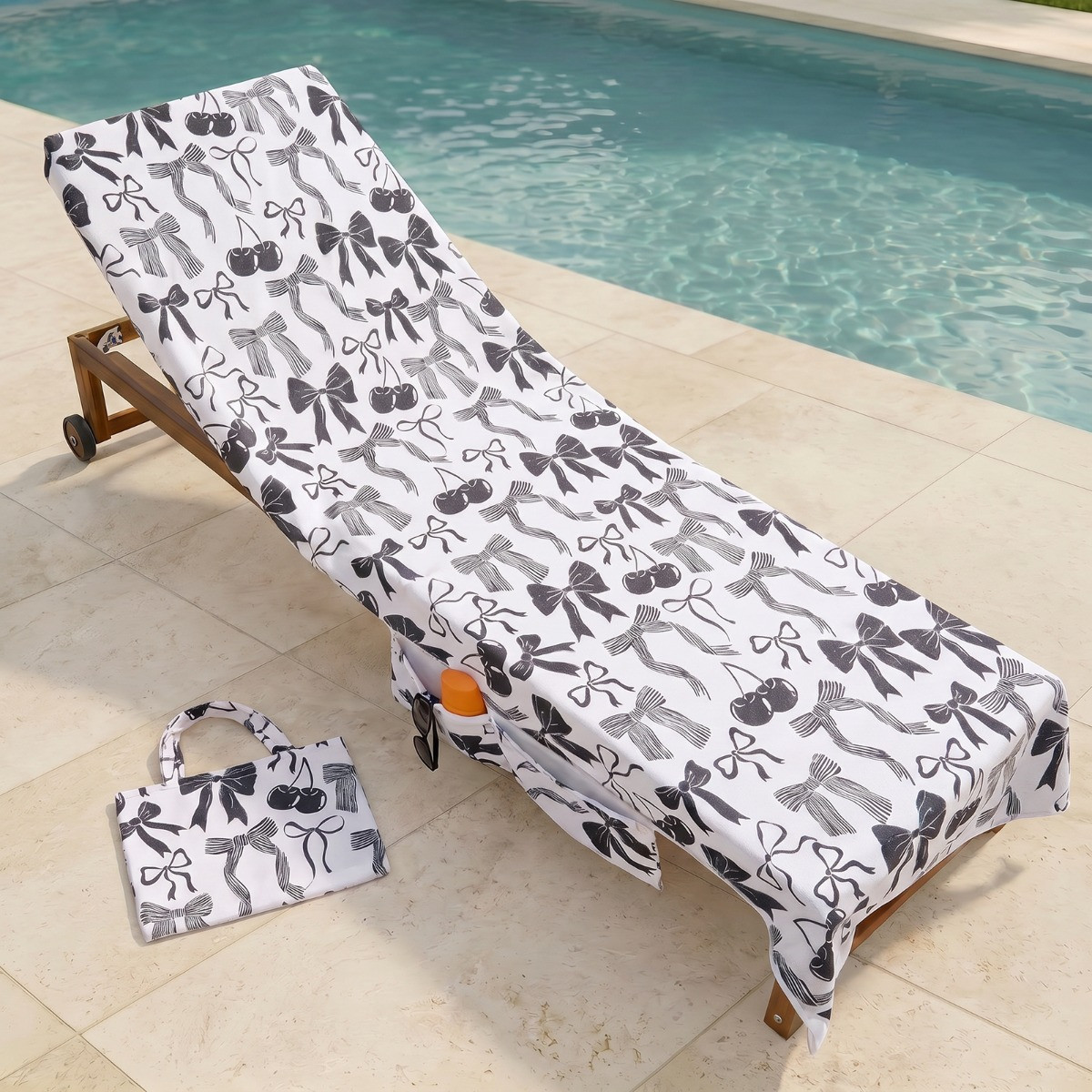 OHS Cherry Bow Print Beach Towel in a Bag - Monochrome>