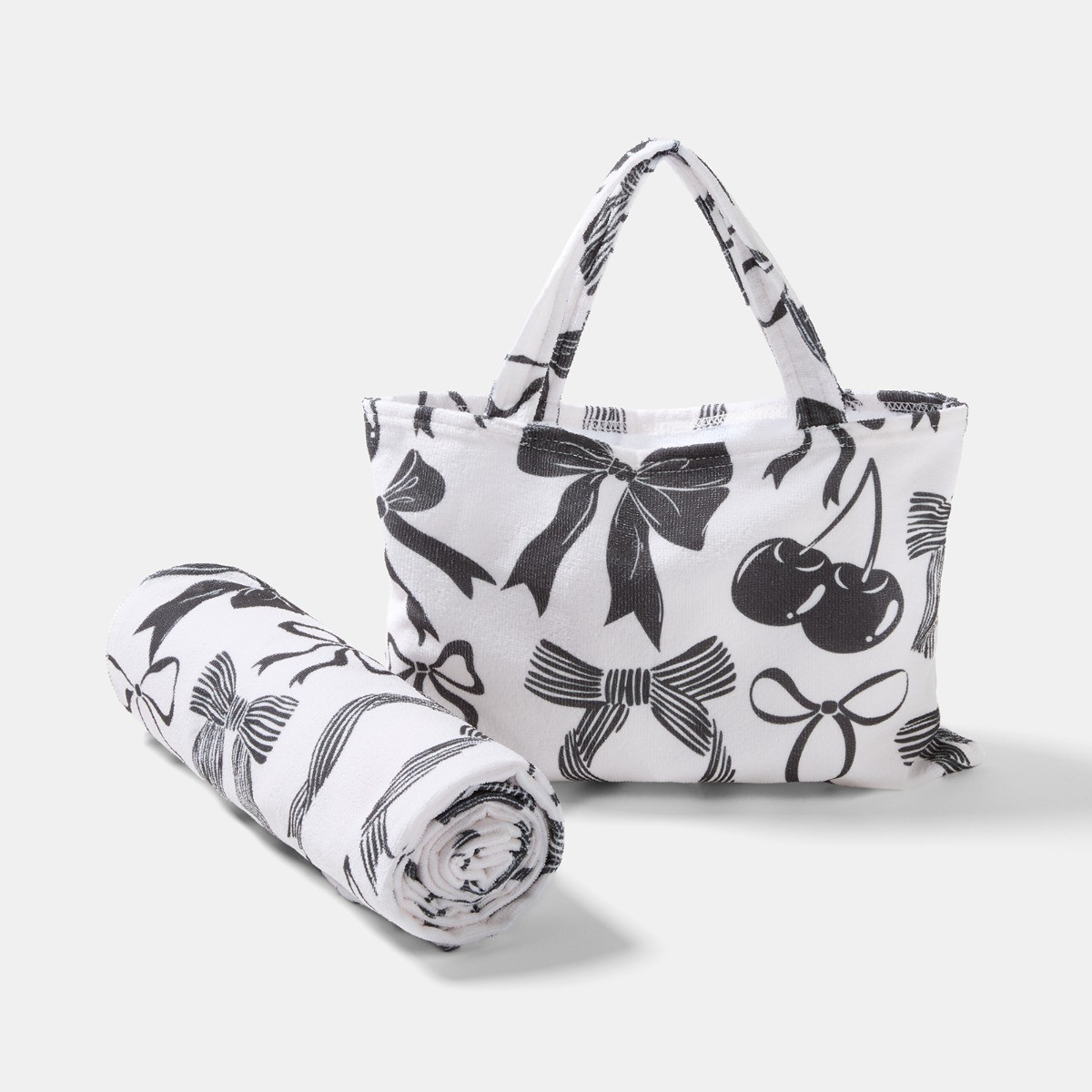 OHS Cherry Bow Print Beach Towel in a Bag - Monochrome>