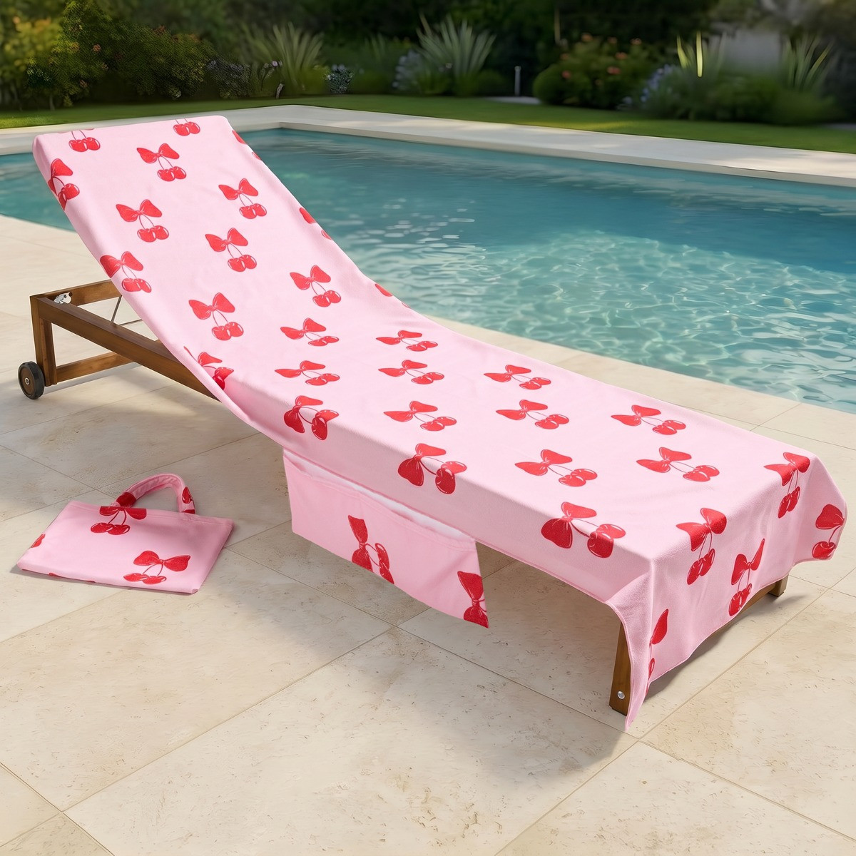 OHS Cherry Bow Print Beach Towel in a Bag - Pink>