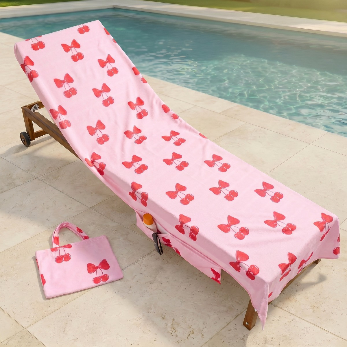 OHS Cherry Bow Print Beach Towel in a Bag - Pink>