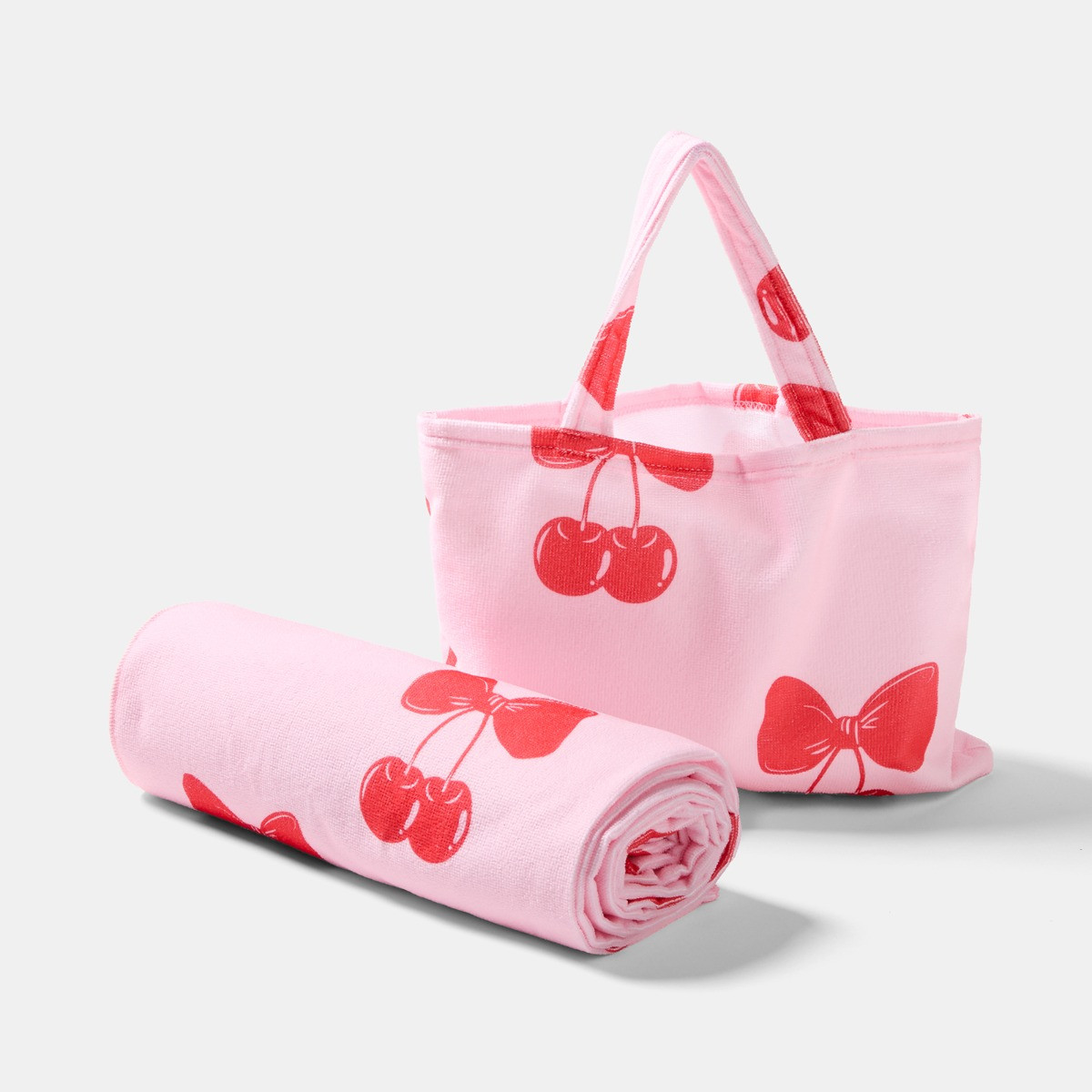 OHS Cherry Bow Print Beach Towel in a Bag - Pink>