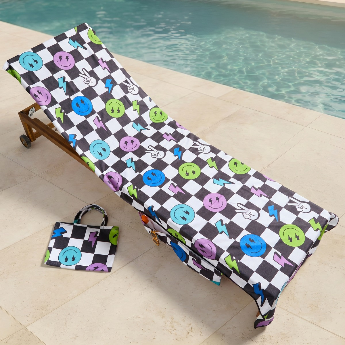 OHS Smiley Checkerboard Beach Towel in a Bag - Monochrome>