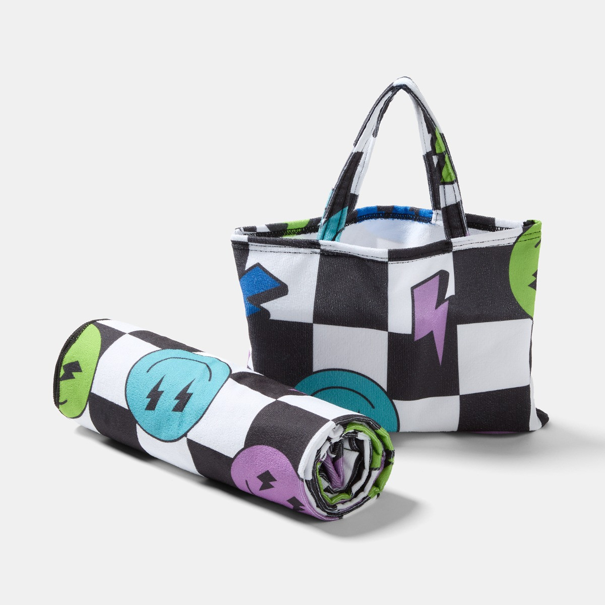 OHS Smiley Checkerboard Beach Towel in a Bag - Monochrome>