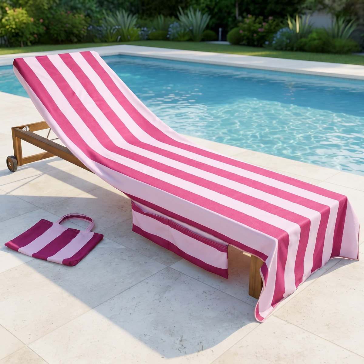 OHS Stripe Beach Towel in a Bag - Burgundy/Pink>