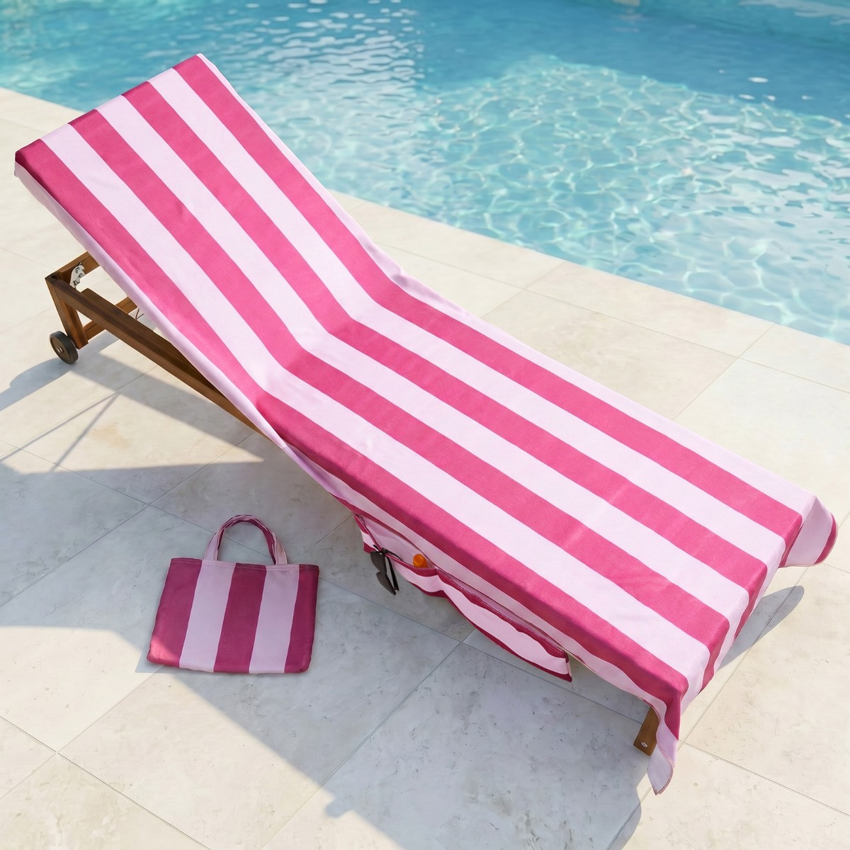 OHS Stripe Beach Towel in a Bag - Burgundy/Pink>