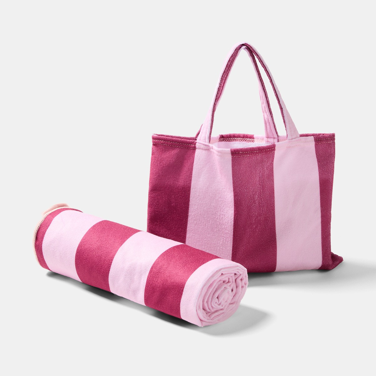 OHS Stripe Beach Towel in a Bag - Burgundy/Pink>