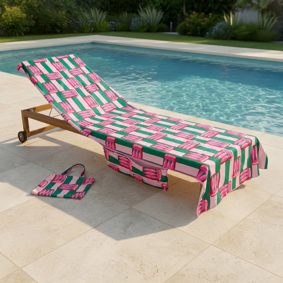 OHS Sardine Stripe Beach Towel in a Bag - Pink/Green>