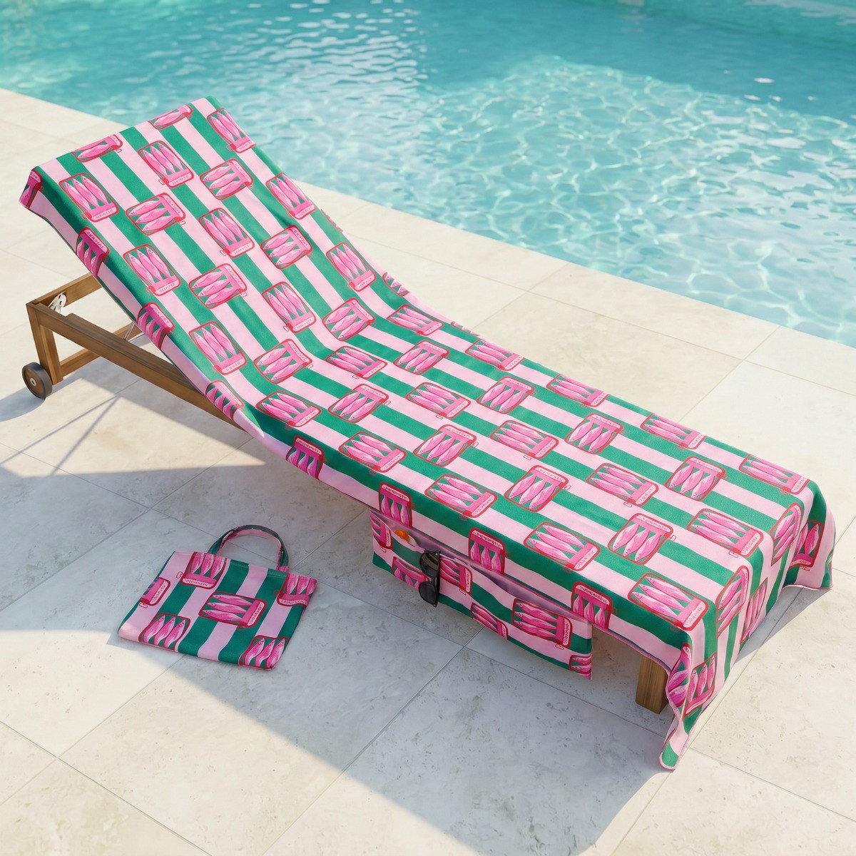 OHS Sardine Stripe Beach Towel in a Bag - Pink/Green>
