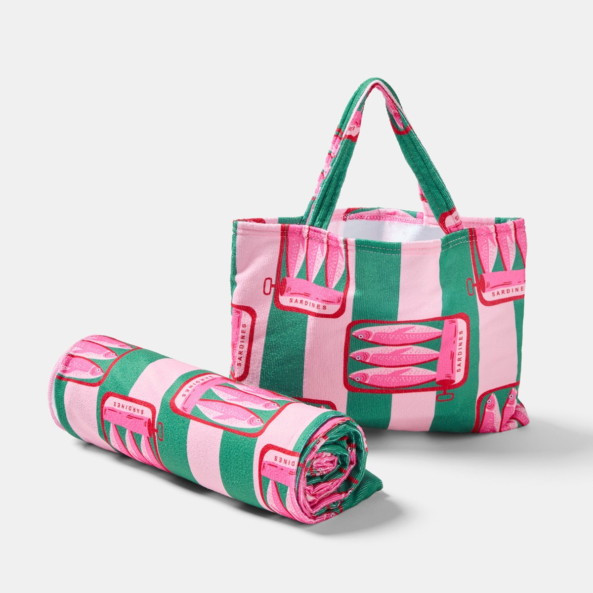 OHS Sardine Stripe Beach Towel in a Bag - Pink/Green>