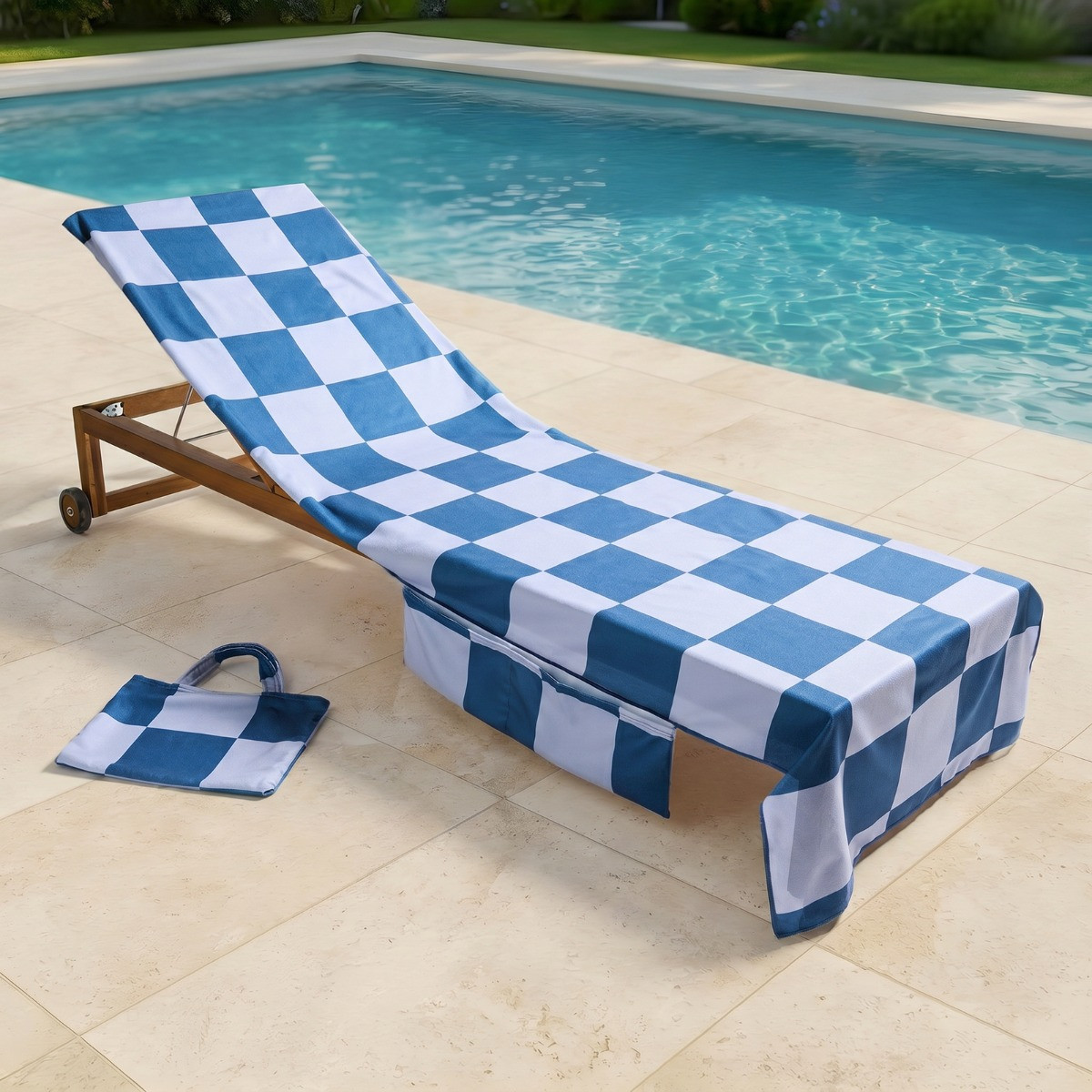OHS Checkerboard Beach Towel in a Bag - Blue>
