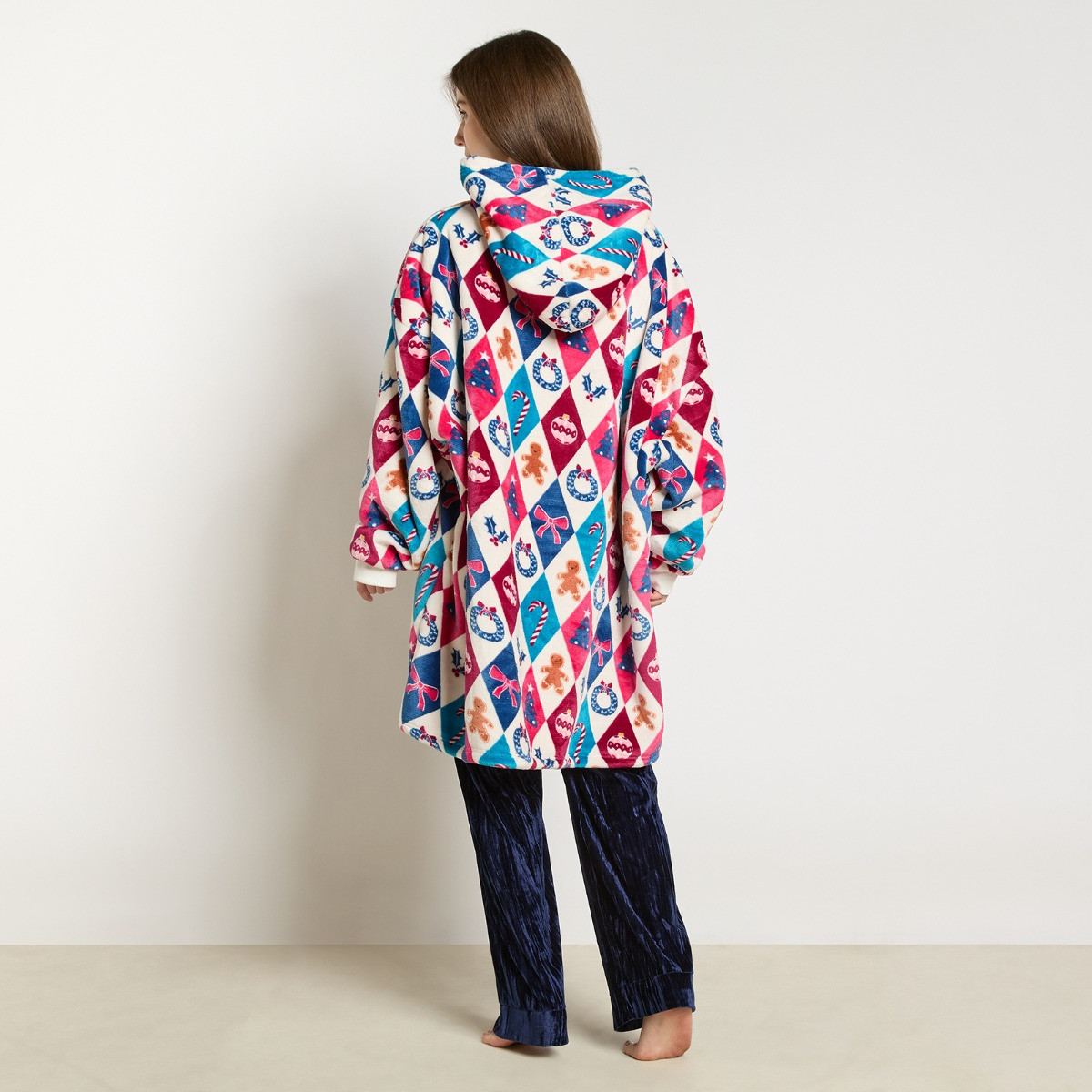 OHS Festive Harlequin Print Hoodie Blanket - Multi>