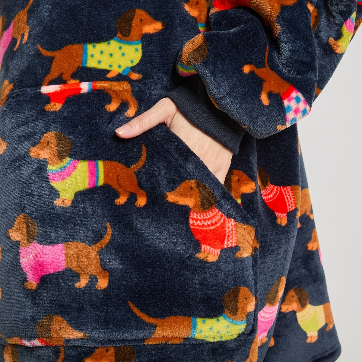 OHS Sausage Dog Print Hoodie Blanket - Navy>