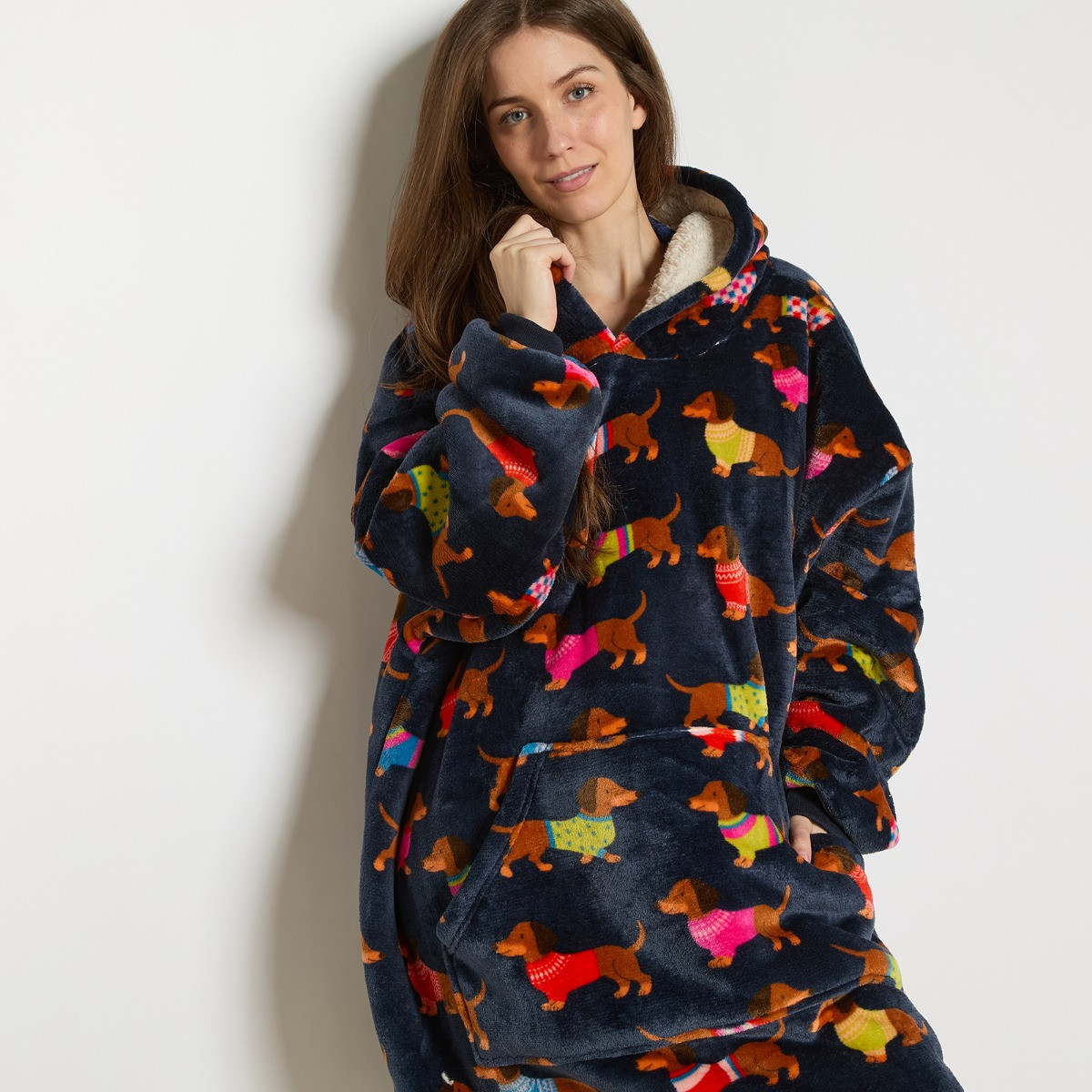 OHS Sausage Dog Print Hoodie Blanket - Navy>