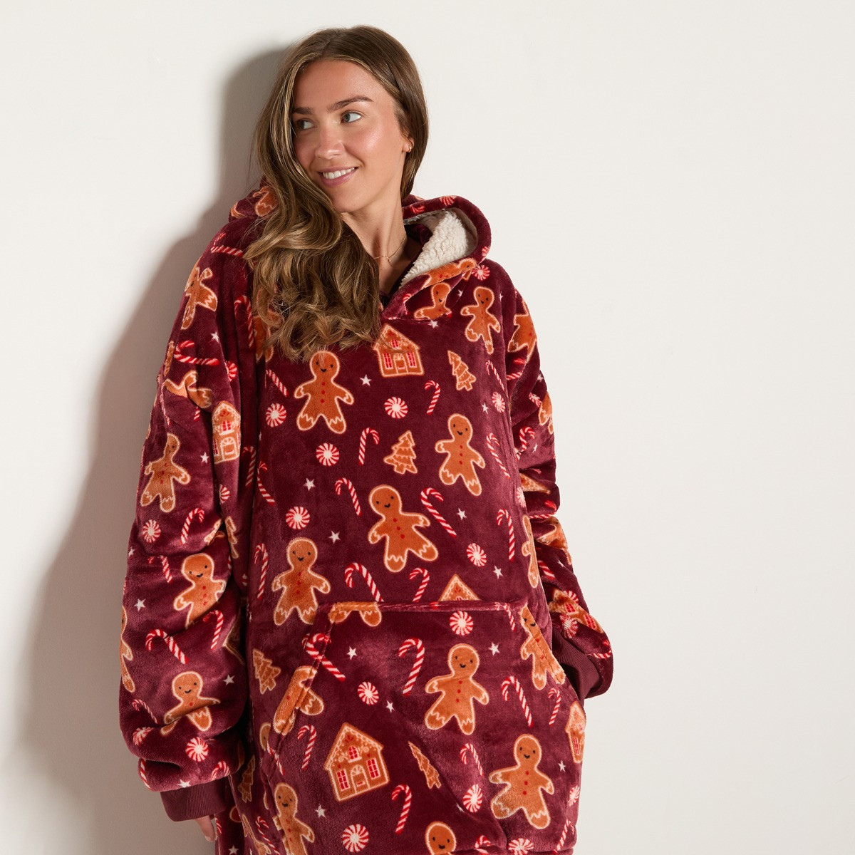 OHS Christmas Gingerbread Print Hoodie Blanket - Burgundy>
