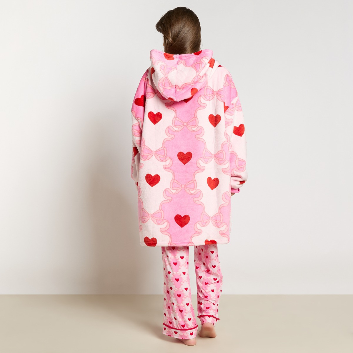 OHS Lattice Bow & Heart Print Hoodie Blanket - Pink>