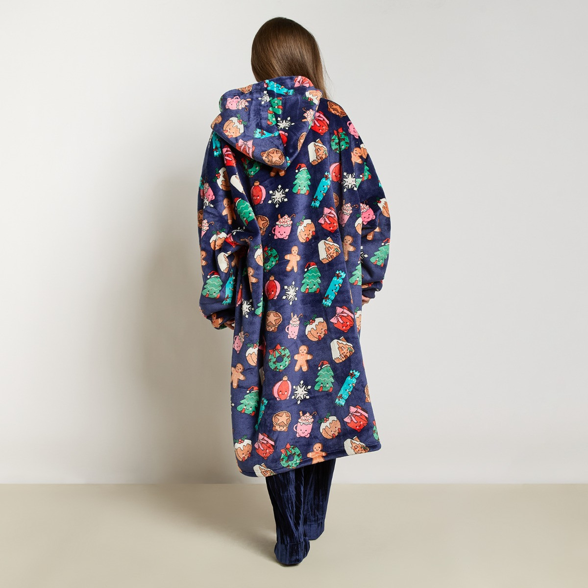 OHS Christmas Sweetie Pies Print Extra Long Hoodie Blanket - Navy>