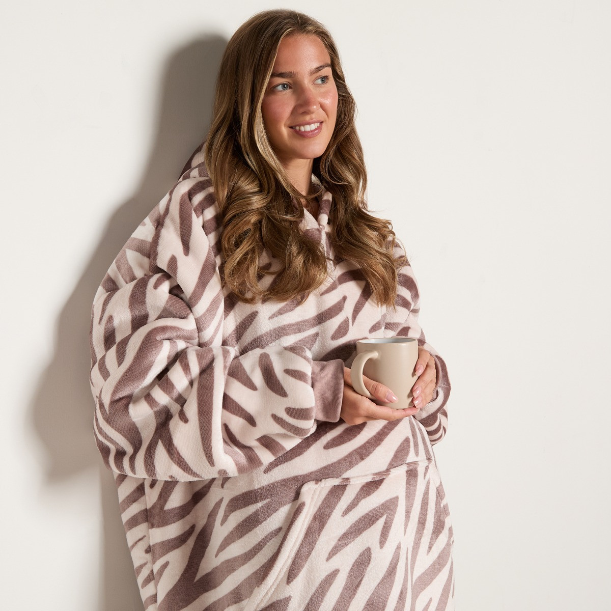 OHS Superosft Adults Extra Long Zebra Print Hoodie Blanket - Beige>