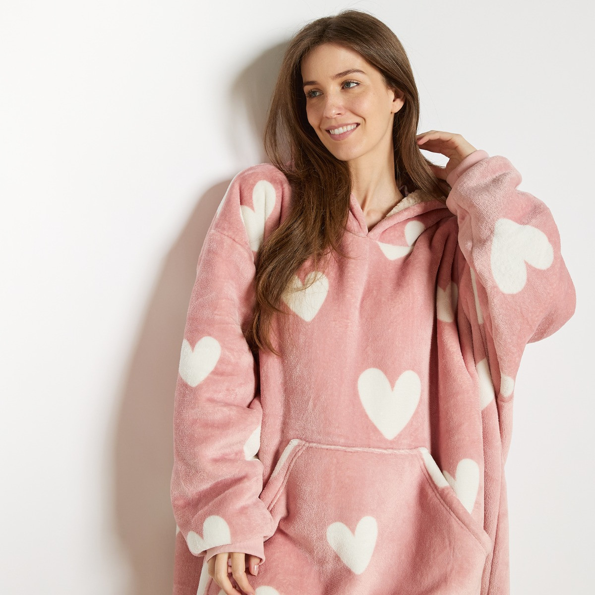 OHS Heart Print Extra Long Hoodie Blanket - Blush>